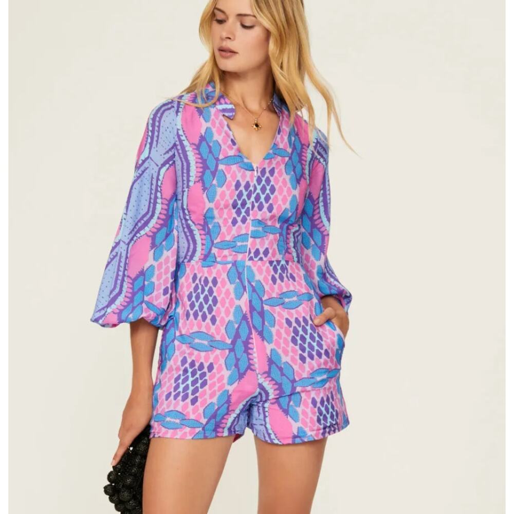 Kahindo Romper Womens Medium Blue Pink‎ Printed Kisumu V Neck Cotton